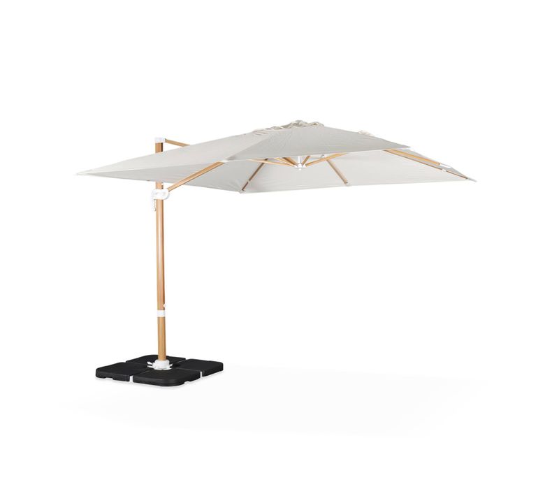Parasol Déporté Carré Ecru 3x3m Structure Effet Bois + Lot De 4 Dalles à Lester 50x50cm