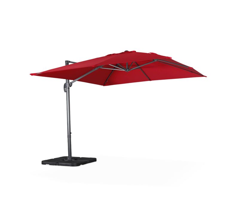 Parasol Déporté Carré Rouge 3x3m Structure Grise + Lot De 4 Dalles à Lester 50x50cm