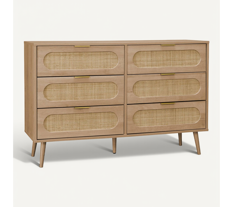Commode. Eva. 6 Tiroirs. Décor Bois. Cannage Arrondi L 120 X L 39 X H 79cm