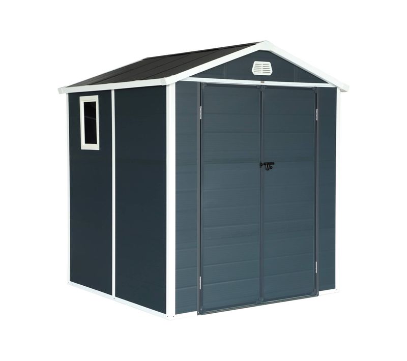 Abri De Jardin Plastique 3.65 M². Anthracite. Acier Et Aluminium. Toiture En Double Pente Et Grande