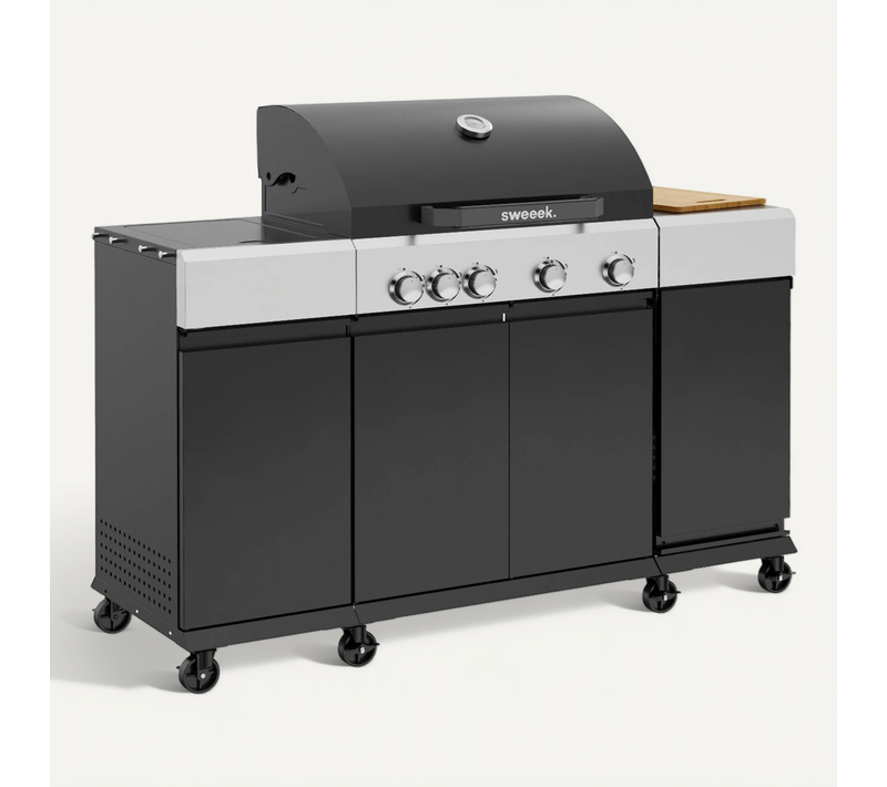 Barbecue Gaz 4 Brûleurs + 1 Feu Latéral Maxim Noir. Acier. Thermomètre Intégré. Récupérateur De
