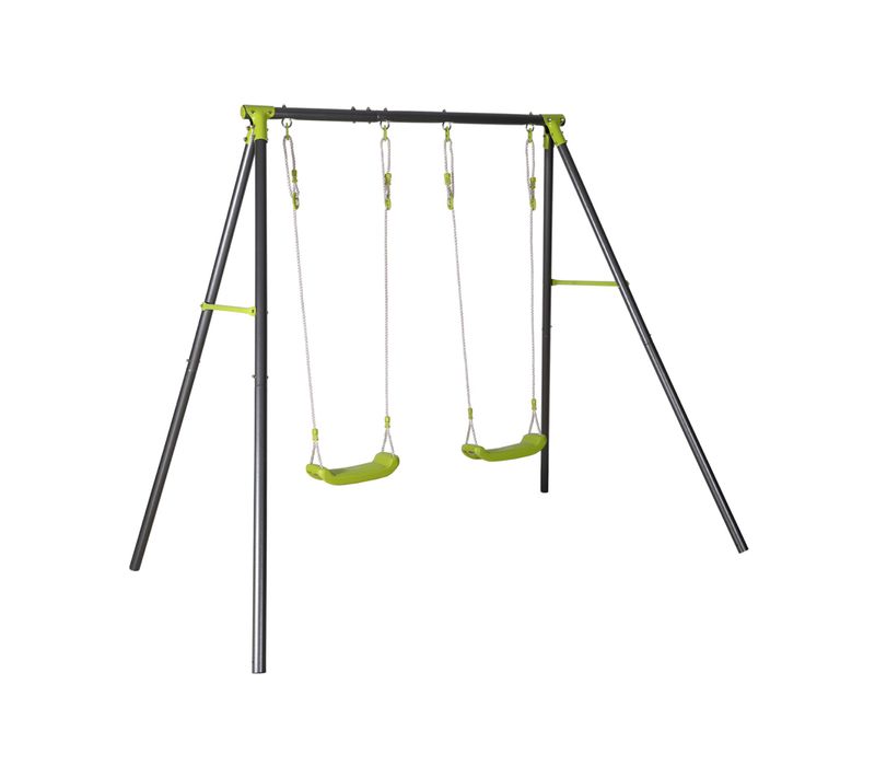 Portique Balançoire Double En Métal Bise. 2 Places. Noir Et Vert. Acier. L 217 X P 153 X H 195 Cm