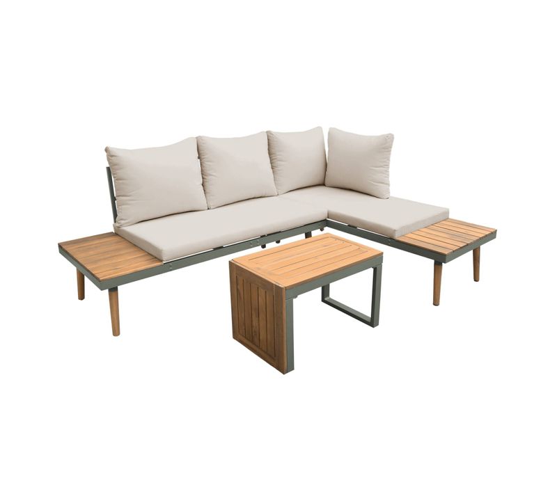 Salon De Jardin Kaki Foncé. Modulable En Aluminium Et Bois D'acacia. 4 Places. Sao Paulo.140 X 68 X