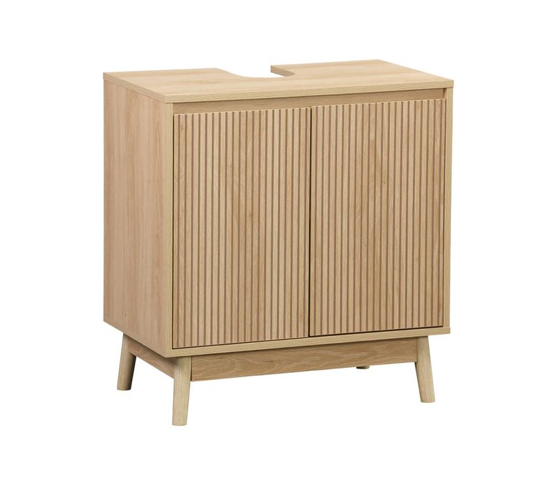 Meuble Sous Lavabo Linear Naturel 2 Portes. Façades Striées. Pieds Bois De Pin. 65 X 40 X 70 Cm