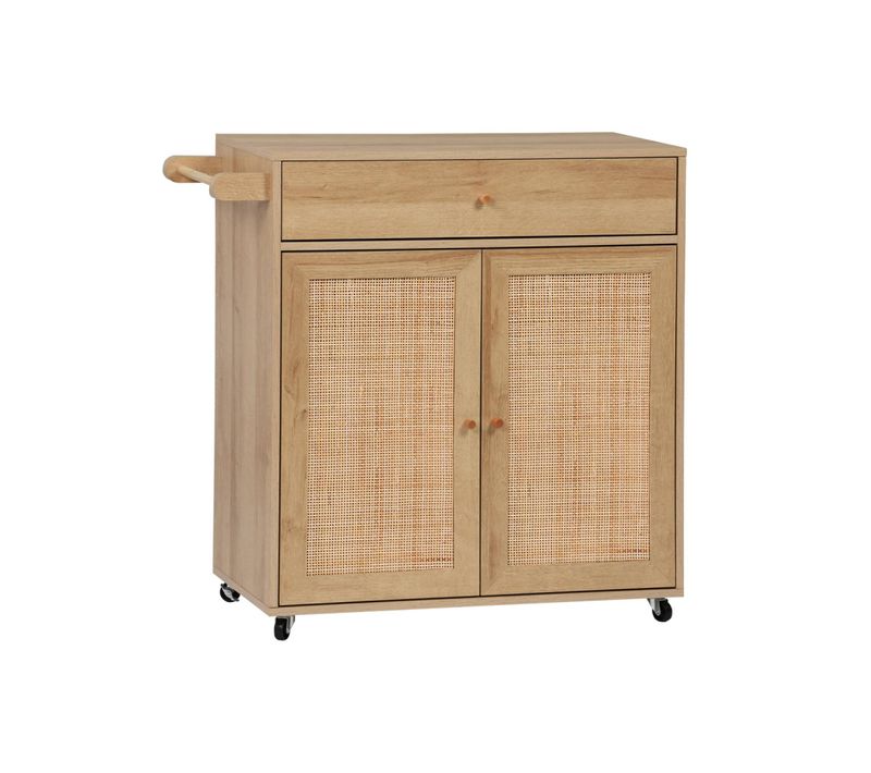 Desserte De Cuisine Boheme Décor Bois Et Cannage 1 Poignée 1 Tiroir 2 Portes 4 Roues. Naturel