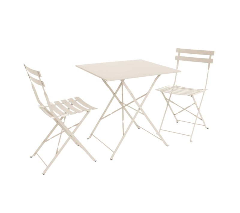 Table De Jardin Bistrot Pliante Métal + 2 Assises Beige 70 X 70cm. Acier Thermolaqué