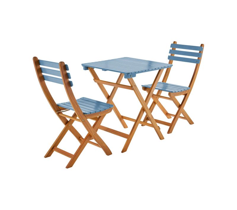 Table De Jardin Pliante Bois D'acacia + 2 Assises Bleu Hilora . Table Carrée