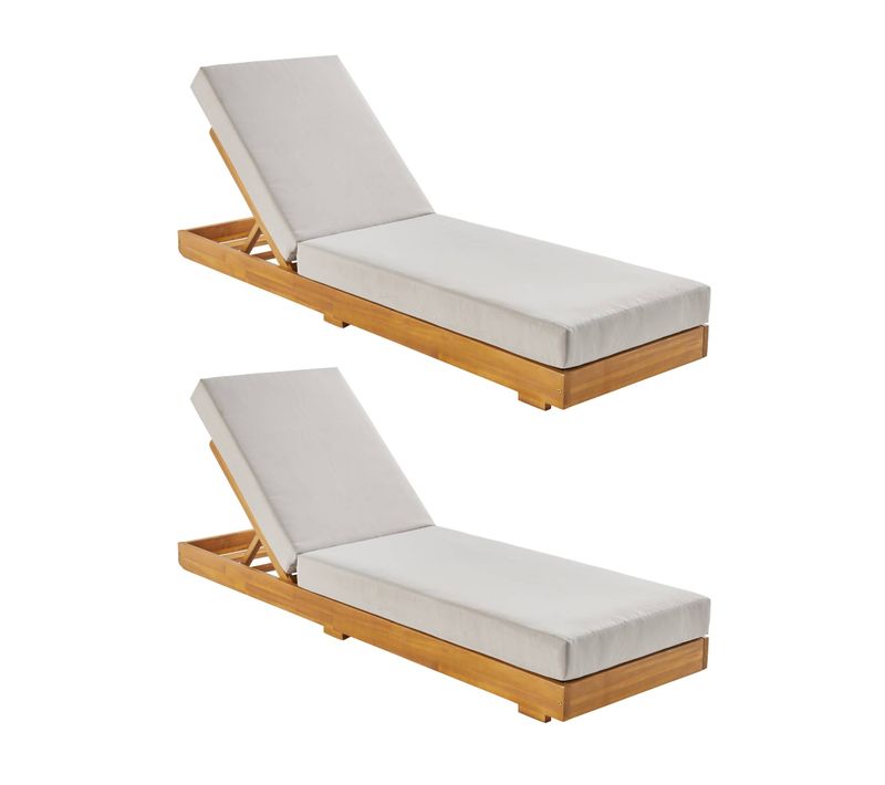 Lot De 2 Bains De Soleil Beige Dorina En Acacia Et Polyester. 3 Positions. Housse Déhoussable. 198