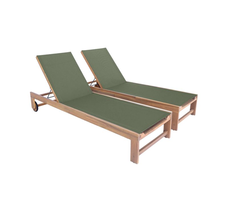 Lot De 2 Bains De Soleil En Bois D'acacia Et Textilène Kaki. Multi Positions Avec Roulettes