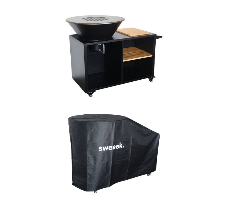 Brasero Barbecue Ø80cm. Grille De Cuisson. Stockage Bois. Coloris Noir + Housse De Protection