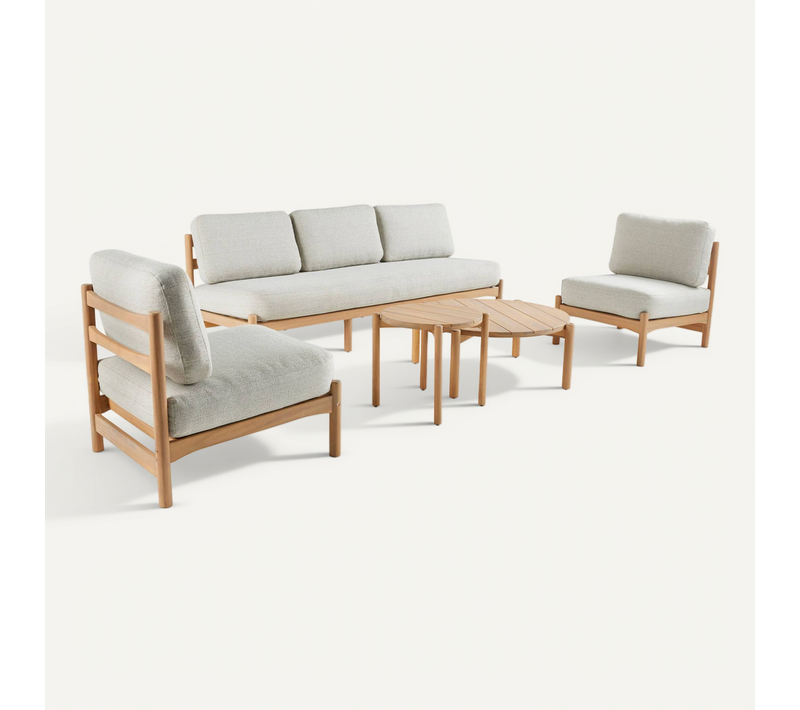 Salon De Jardin Copacabana 5 Places En Bois D'acacia. Housse Beige En Lin. Un Banc. Deux Fauteuils.
