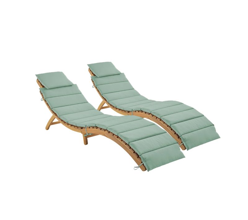 Lot De 2 Bains De Soleil En Bois D'acacia Laure Avec Coussin Vert De Gris En Polyester. 184 X 55 X