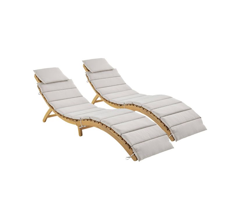 Lot De 2 Bains De Soleil En Bois D'acacia Laure Avec Coussin Beige En Polyester. 184 X 55 X 63.5 Cm