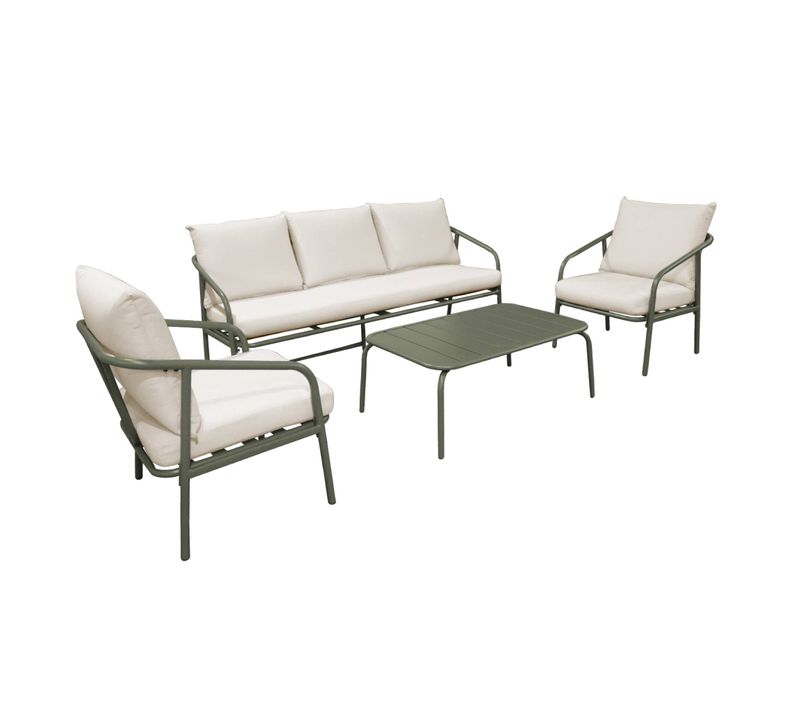 Salon De Jardin En Acier. Structure Kaki. Coussins Beige. 5 Places