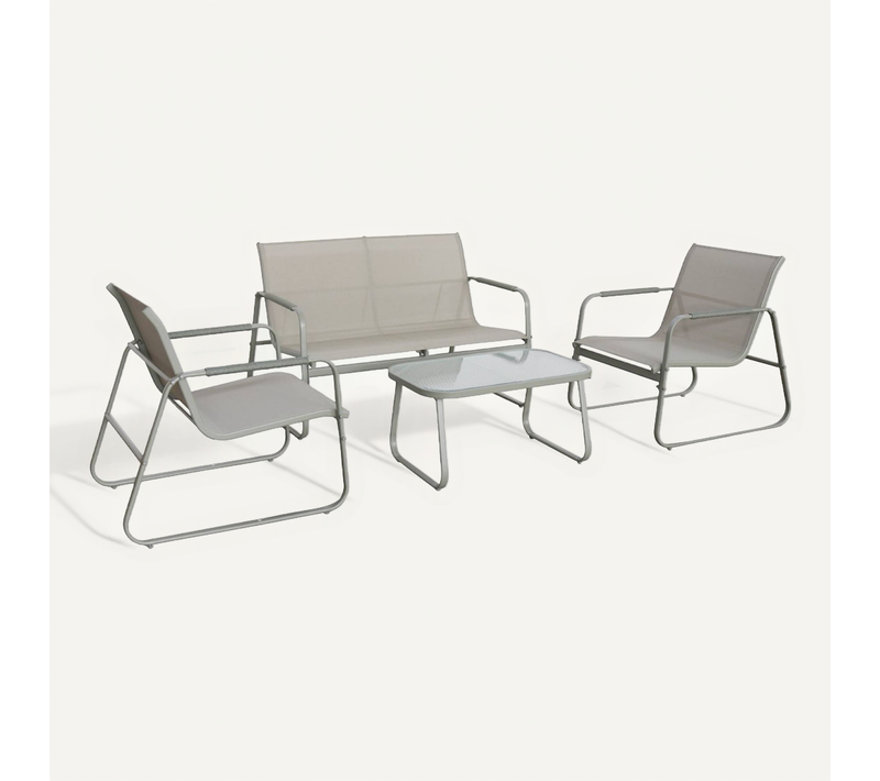 Salon De Jardin Kaki Noto Acier. 4 Places. Un Canapé. Une Table. Deux Fauteuils Textilene