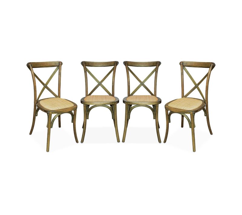 Lot De 4 Chaises De Bistrot En Bois D'hévéa Marron Vieilli. Vintage. Assise En Rotin