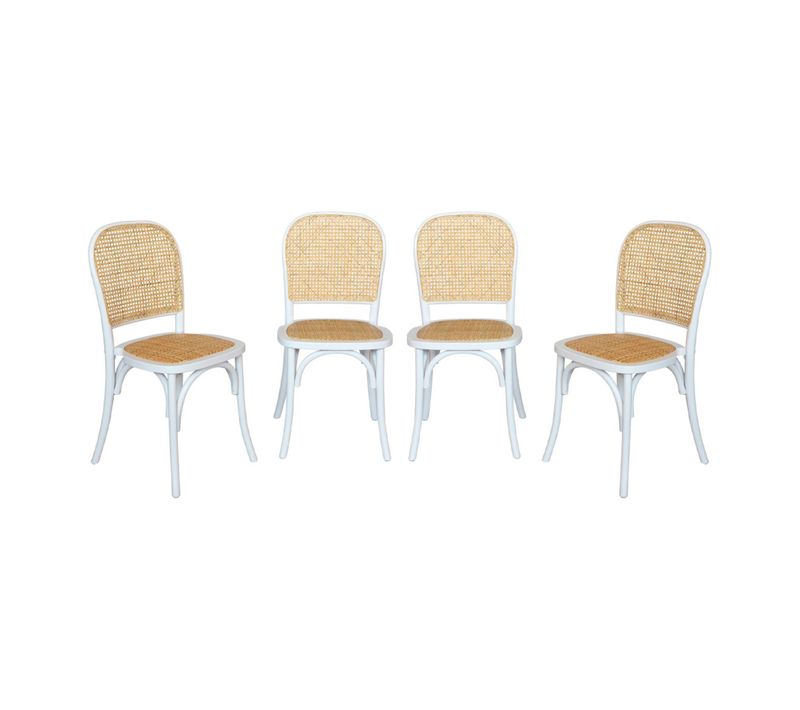 Lot De 4 Chaises Vintage En Bois Avec Assise Et Dossier En Rotin. Coloris Blanc. L 44.5 X P 48 X H