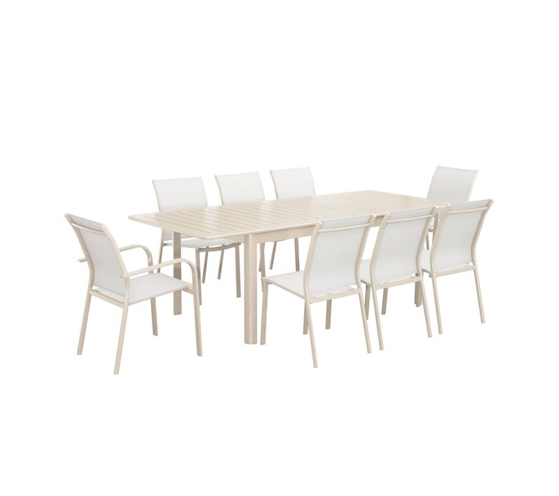 Table De Jardin Extensible Aluminium Et Textilène Beige. 6 Chaises. 2 Fauteuils. 8 Places. 236.5 X