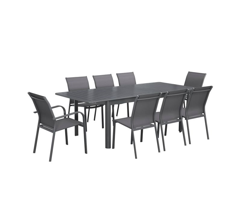 Table De Jardin Extensible Aluminium Et Textilène Anthracite. 6 Chaises. 2 Fauteuils. 8 Places.
