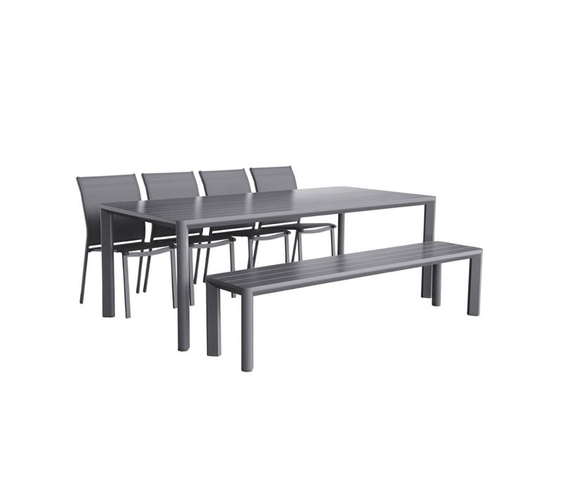 Table De Jardin Aluminium + 4 Assises + 1 Banc Aluminium Et Textilène Anthracite. 220 X 100 X 75 Cm