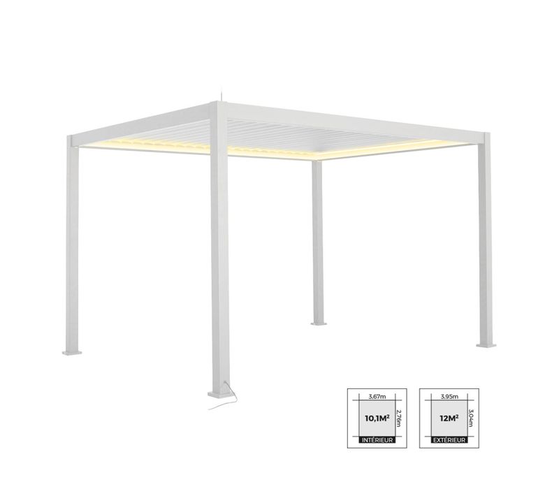 Pergola Bioclimatique électrique 3x4m Blanc. Aluminium. à Lames Orientables Avec éclairage LED