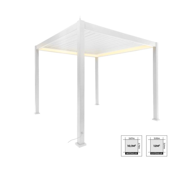 Pergola Bioclimatique électrique 3x3m Blanc. Aluminium. à Lames Orientables Avec éclairage LED