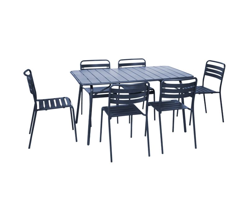 Table De Jardin Pliante Métal + 6 Assises. Amelia. Bleu Marine. 141.2 X 80 X 72.5cm
