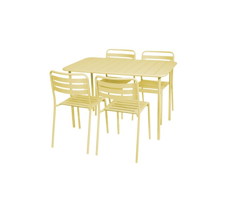 Table De Jardin Métal + 4 Assises Jaune En Acier. Amelia. 120 X 70 X 72.5 Cm