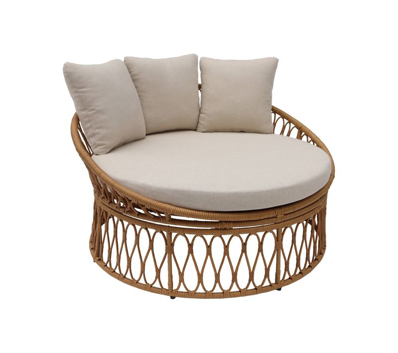 Bain De Soleil. Lit De Jour. Lounge Extérieur Rond Acier Et Imitation Rotin Naturel Et Beige 2