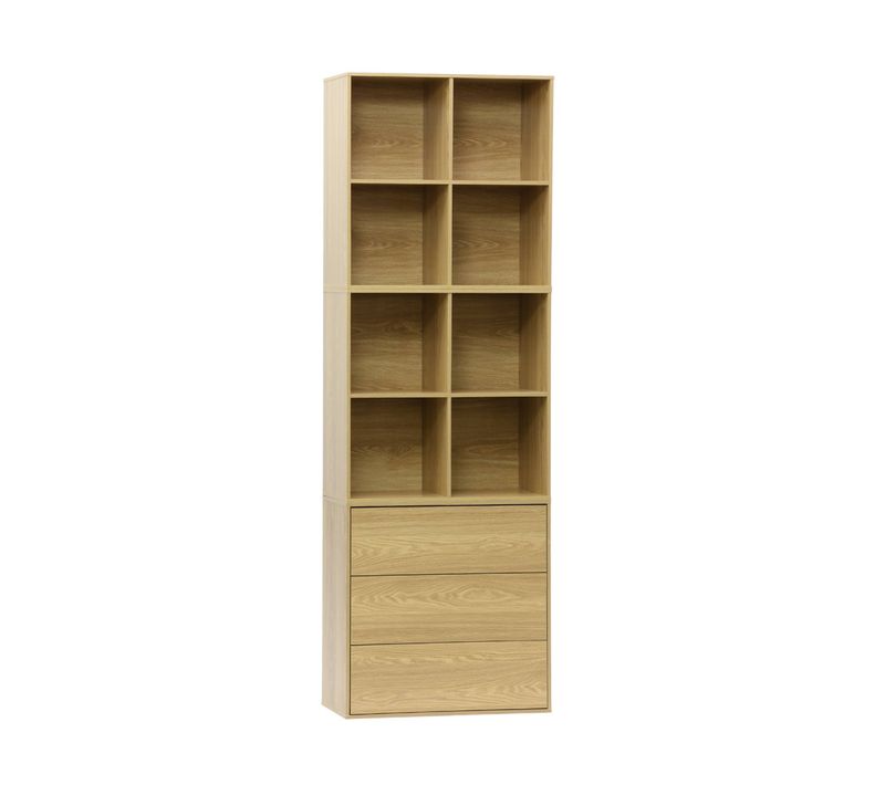 Etagère. Bibliothèque Modulable Décor Bois Chêne 3 Éléments - 3 Tiroirs 8 Niches 70X35X210