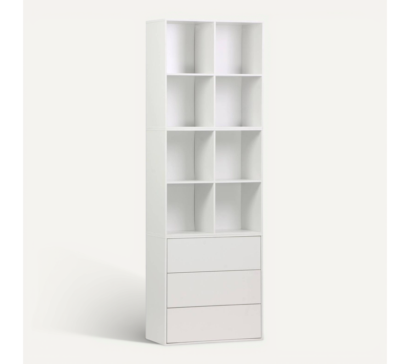Etagère. Bibliothèque Modulable Décor Bois Blanc 3 Éléments - 3 Tiroirs 8 Niches 70X35X210