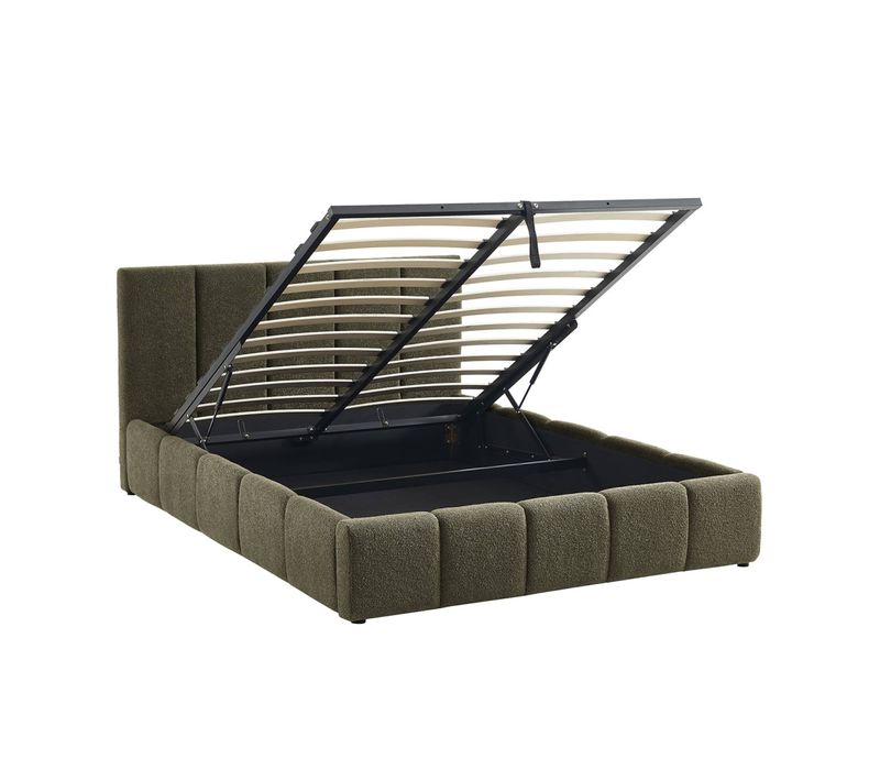 Lit Coffre Double Avec Sommier à Lattes Et Tête De Lit Kaki Finition Bouclette Texturée 140x190cm-