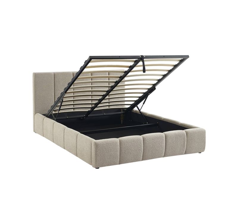 Lit Coffre Double Avec Sommier à Lattes Et Tête De Lit Beige Finition Bouclette Texturée 140x190cm-