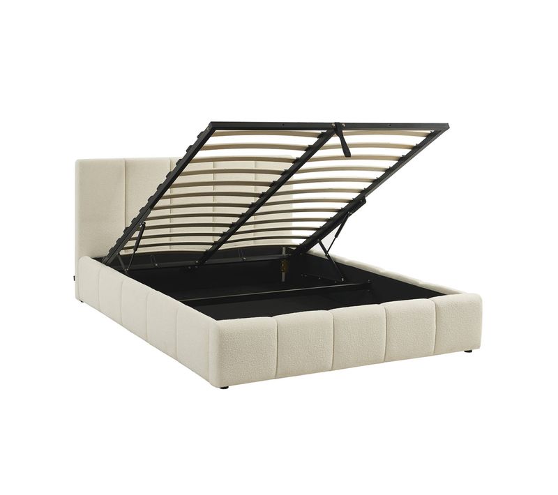 Lit Coffre Double Avec Sommier à Lattes Et Tête De Lit Blanc Finition Bouclette Texturée 140x190cm-