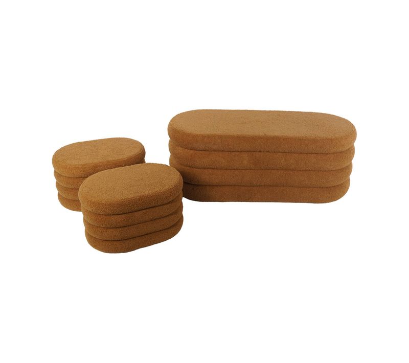 Banc Coffre En Bouclettes Rouille Avec 2 Poufs Ovales De Rangement Intégrés - L111cm