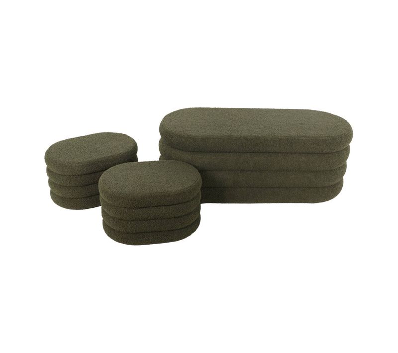 Banc Coffre En Bouclettes Kaki Avec 2 Poufs Ovales De Rangement Intégrés - L111cm