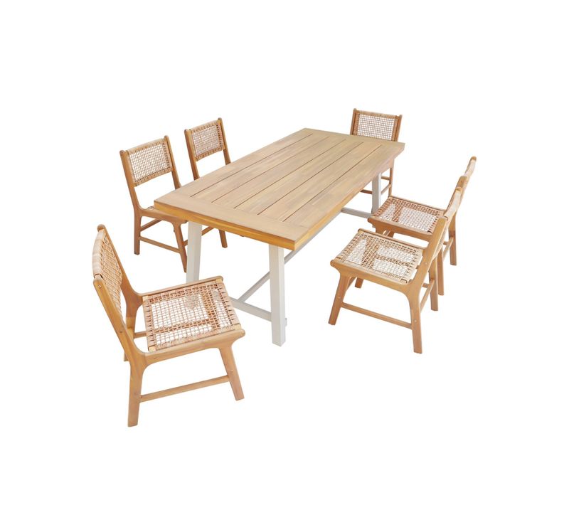 Table Intérieur/extérieur Bois D'acacia Et Métal + 6 Assises En Résine Tressée