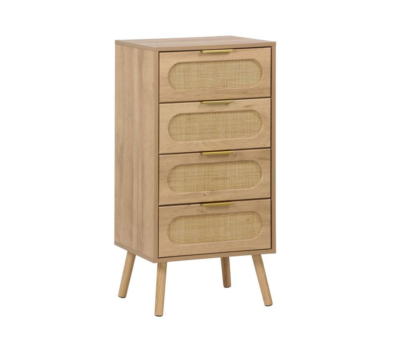 Commode Chiffonnier Effet Bois Et Cannage 4 Tiroirs Naturel. Poignée En Métal Doré - L 48 X P 39.5