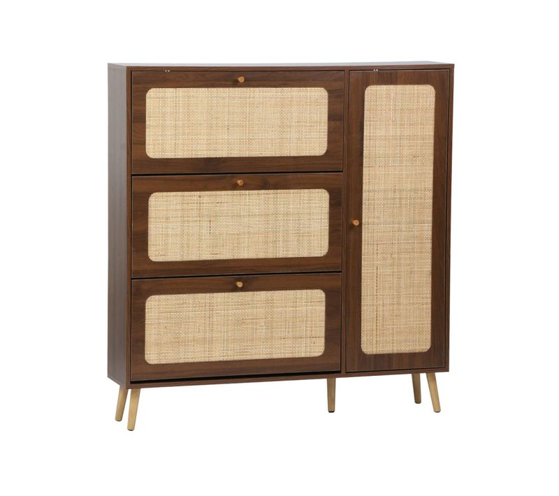 Meuble à Chaussure Cannage Bohème Noyer. 3 Abattants. 1 Porte. 21 Paires. 120 X 24 X 125 Cm