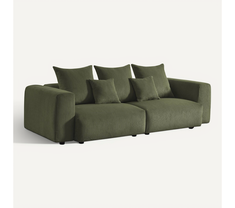 Canapé Déhoussable 3 Places En Velours Côtelé Grosse Côte Kaki Avec Pluie De Coussins L 230 X P 97
