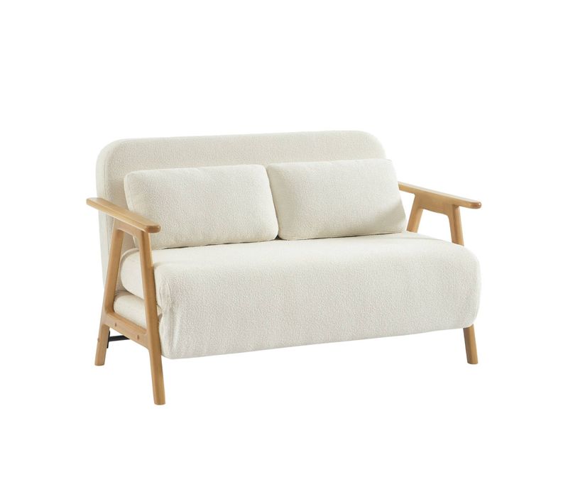 Banquette Canapé Convertible 2 Places Bois D'hévéa Et Bouclette Texturée Crème L 133 X P 81 X 84cm