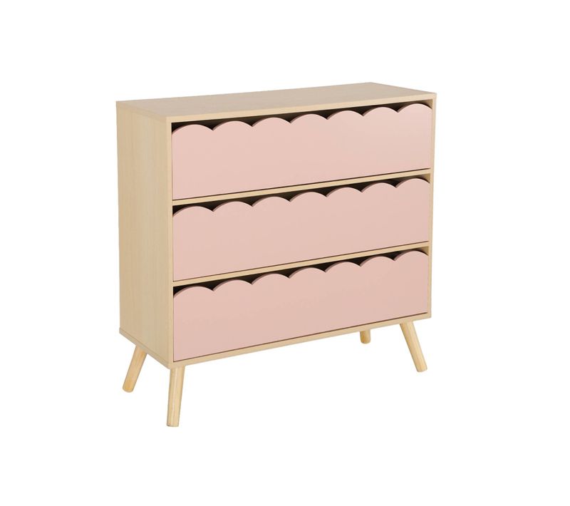 Commode Enfant Décor Bois Rose 3 Tiroirs. Pieds Bois De Pin - 80 X 30 X 79 Cm - Azur