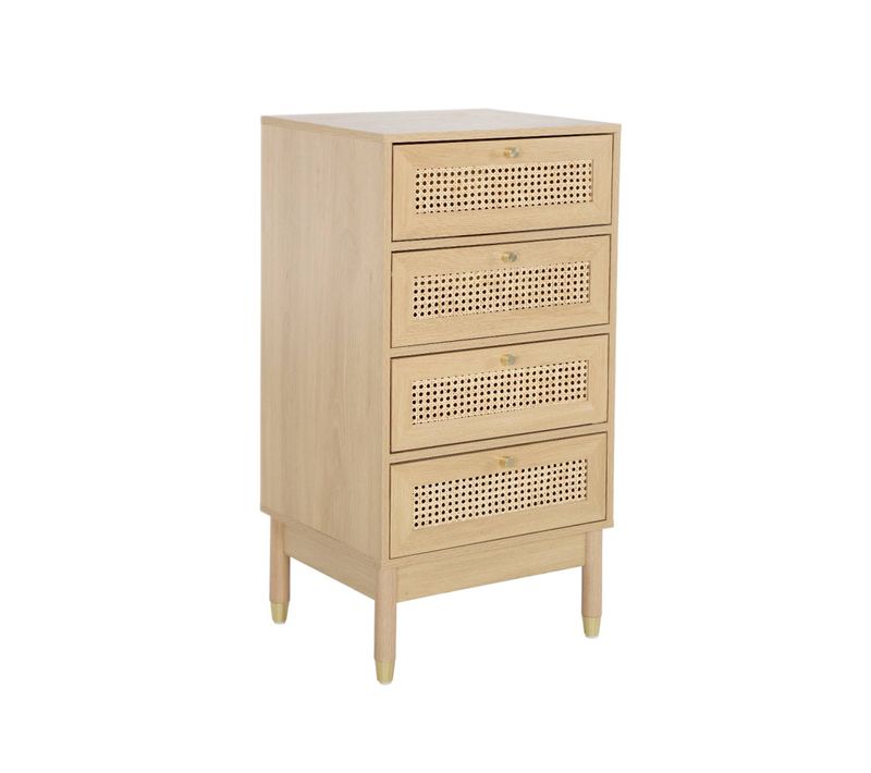 Commode Chiffonnier Décor Bois Et Cannage 4 Tiroirs Teinte Naturelle - 50 X 40 X 96 Cm - Judith