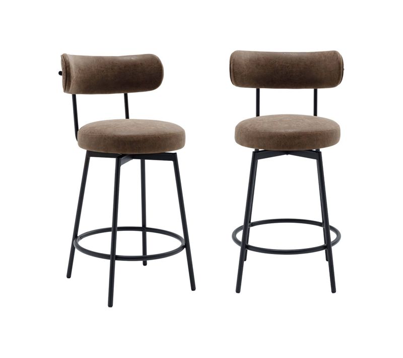Lot De Deux Tabourets De Bar Assise Rotative Métal Noir Et Simili Cuir Marron - L 50 X P 50 X H