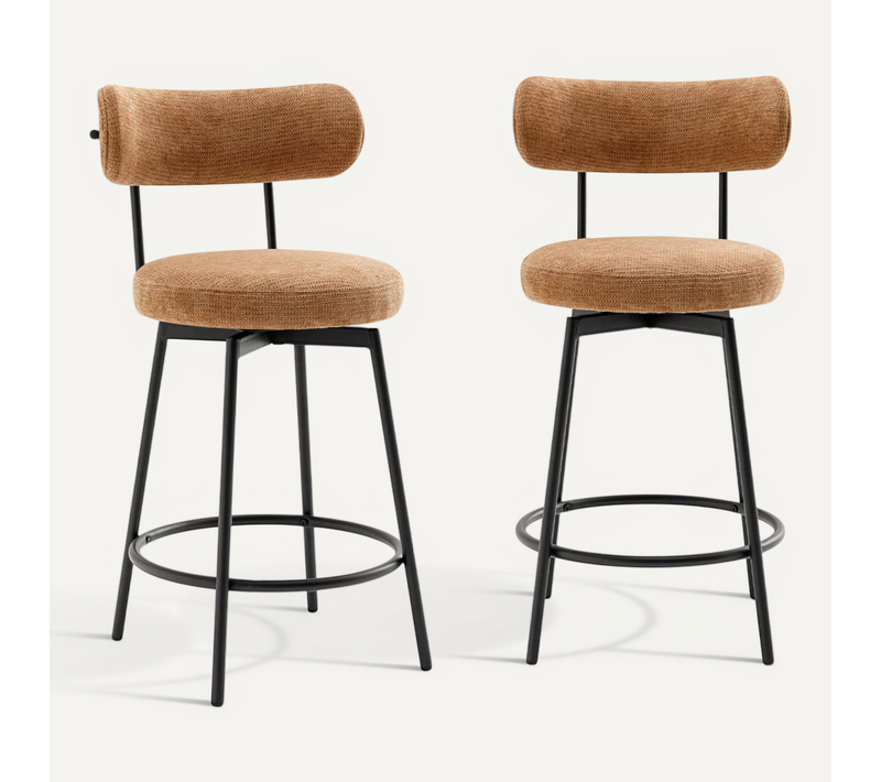 Lot De Deux Tabourets De Bar Assise Rotative Métal Noir Et Tissu Camel - L 50 X P 50 X H 92cm -