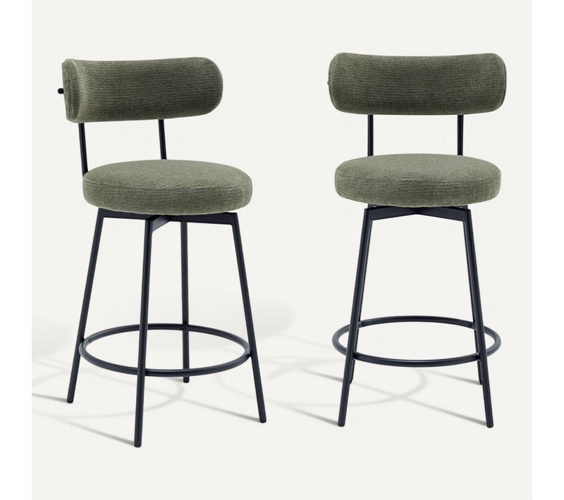 Lot De Deux Tabourets De Bar Assise Rotative Métal Noir Et Tissu Vert - L 50 X P 50 X H 92cm - Iris