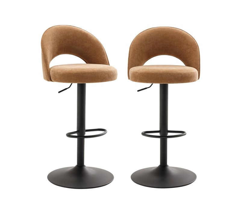 Lot De Deux Tabourets De Bar Ajustables Métal Et Tissu Camel. Pied Noir - L 49 X P 49 X H