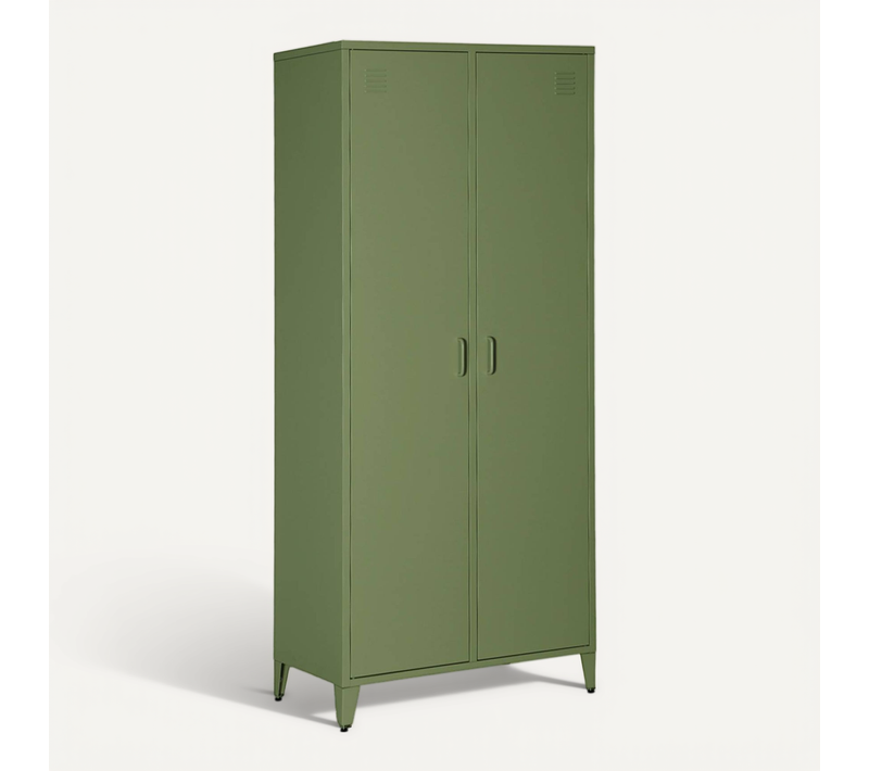 Armoire Chambre Dressing Industriel Métal Kaki 2 Portes. 4 étagères. 1 Penderie