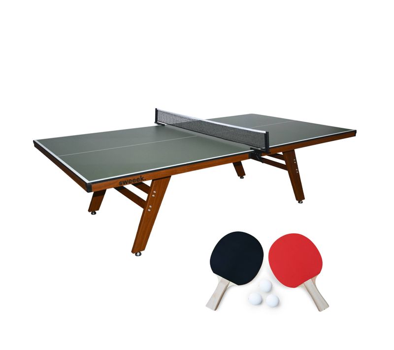 Table De Ping Pong Intérieur Deluxe Kaki Avec 2 Raquettes Et 3 Balles