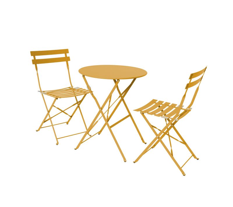 Table De Jardin Bistrot Pliante Métal + 2 Assises Ocre D.60 X 70cm. Acier Thermolaqué